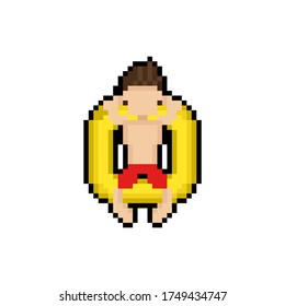 Pixel art cartoon man character sleeping on yellow swimring.