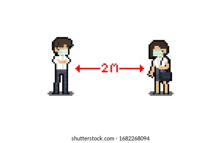 Pixel art cartoon man and woman character doing 2 meter socail distance.