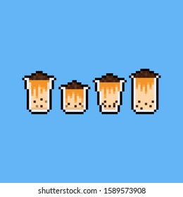 Pixel art cartoon milk tea with bubble topping on top icon set. 