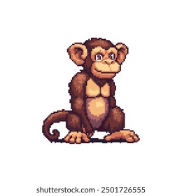 Pixel Art Cartoon Monkey sitzt auf weißem Hintergrund. Vektorgrafik-Design.