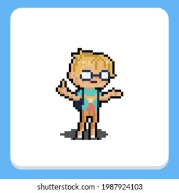 Pixel art cartoon nerd boy character.