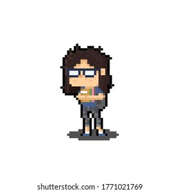 Pixel art cartoon nerd girl holding a lot of book character design.