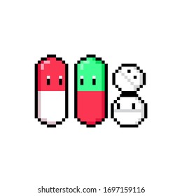 Pixel art cartoon pills character design.