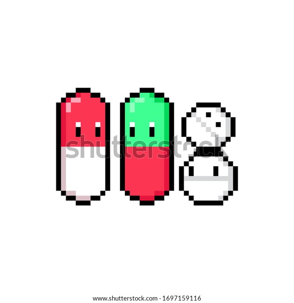 Pixel art cartoon pills character design.