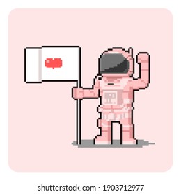 Pixel art cartoon pink astronaut with flag.