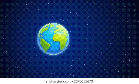 Pixel art cartoon planet Earth floating alone in outer space on cosmic starry space background. Pixelated planet Earth for 8-bit retro game with dithering effect. Vector illustration