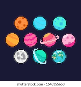 Pixel Art Cartoon Planet Icon Set.