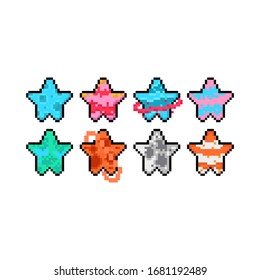 Pixel art cartoon planet star icon set.