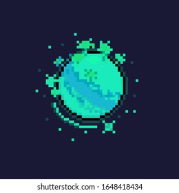 Pixel Art Cartoon Planet With Tree Icon.