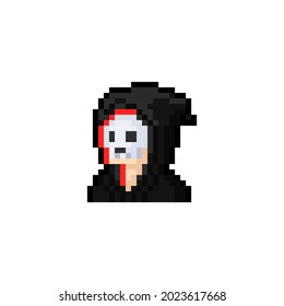 Pixel art cartoon portrait man with  skull mask icon.