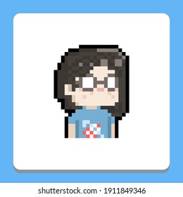 Pixel art cartoon portrait nerd girl  icon illustration.