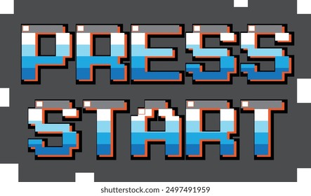 Pixel art cartoon retro style with text " PRESS START " on white background.