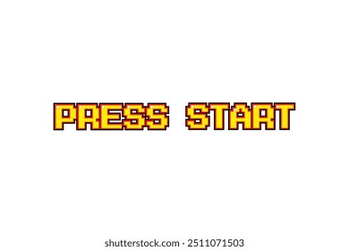 Pixel art cartoon retro style with text " PRESS START " on white background.