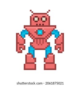 Pixel art cartoon robot or alien icon in 8 bit style isolated vector. Cute pixel red robot mascot and funny invader character. Retro game  superhero character design