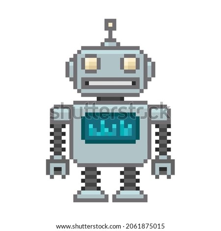 Pixel art cartoon robot or alien icon in 8 bit style isolated vector. Cute pixel robot mascot or funny invader character. Retro game  superhero character design
