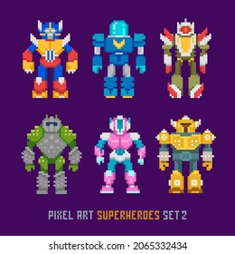 Robots de dibujos animados de arte píxeles y superhéroes aislados de 8 bits de vector 1. El estilo de videojuegos retro invade el diseño de los monstruos y mutantes. Colección de juguetes robots coloridos y en píxeles