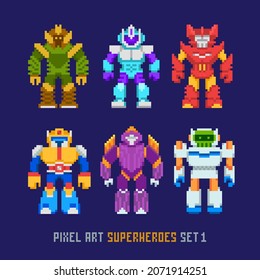 Pixel art cartoon robots and 8-bit superheroes isolated vector set 1. Retro video game style invaders monsters and mutants characters design. Pixel colorful robots toys collection