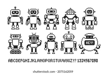 Pixel art cartoon robots 8-bit icons with type font isolated vector collection. Funny robots and aliens with in retro game style. Cute pixel girl and boy robot mascot and invader characters design