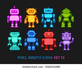 Pixel art cartoon robots  colorful icons vector collection. Funny robots toys and aliens in 8-bit retro game style. Cute pixel girl and boy robots mascot characters design