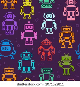 Pixel art cartoon Robots colorful vector seamless pattern. Funny robots in 8-bit retro game style endless background. Cute pixel characters pattern design for wallpaper or wrapping paper