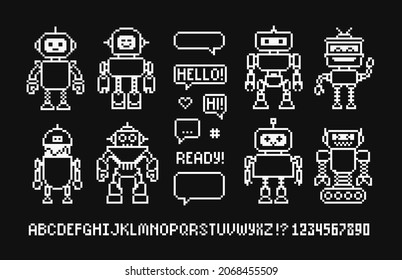 Pixel Art Cartoon Robots Icons Isolated Vector Collection. Funny Robots Avatars In 8-bit Retro Game Style. Cute Pixel Girl And Boy Robot Mascot And Characters Design