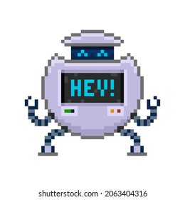 Los robots de dibujos animados de arte píxeles en estilo retro dicen hey - ilustración vectorial aislada. Carácter auxiliar de robot redondo y corto para diseño de mascota. Carácter retro de juego de 8 bits