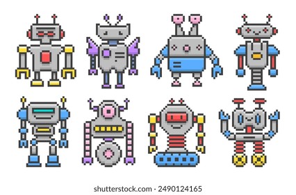 Pixel Art Cartoon Robots Set. Cute game robots in retro style. Vector illustration