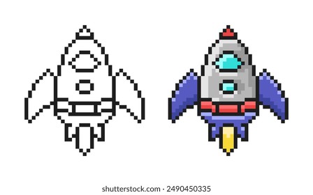 Pixel Art Cartoon Rocket. Bonita nave espacial de juego en estilo retro. Ilustración vectorial