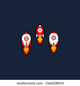 Pixel art cartoon rocket icon set.