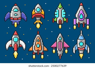 Pixel Art Cohetes de dibujos animados Set. Naves espaciales de juego lindo en estilo retro. Ilustración vectorial