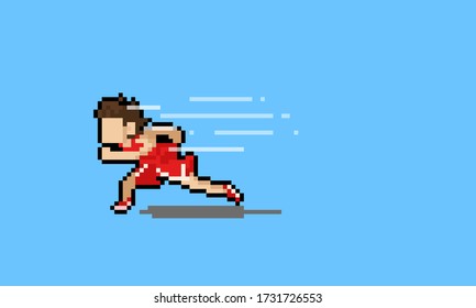 Pixel art cartoon runner character with wind effect.