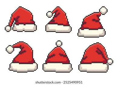 Pixel Art Cartoon Santa Claus Red Hat Set. Christmas concept. Vector isolated illustration