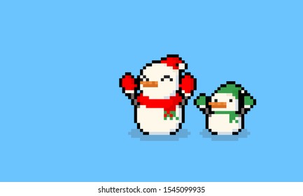 Pixel art cartoon santa snow man and elf character.