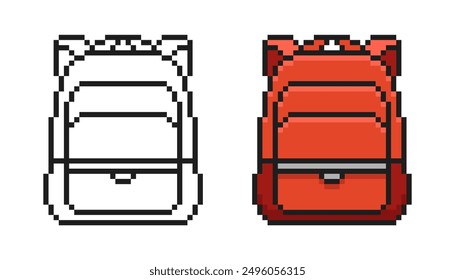 Pixel Art Cartoon School Backpack. Schoolbag in retro style. Vector illustration