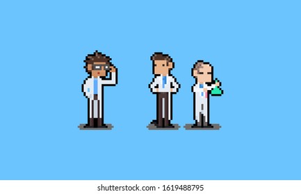 Pixel art cartoon scientist character set.