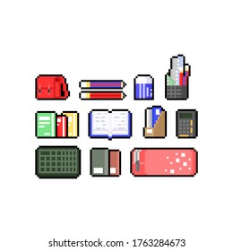 Pixel art cartoon set of education icon design set.