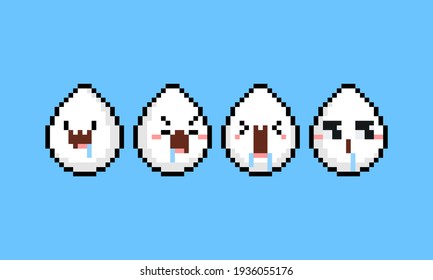 Pixel art cartoon set of funny hungry egg character.