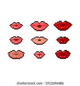 Pixel art cartoon set of kissing mouth icon illustration.