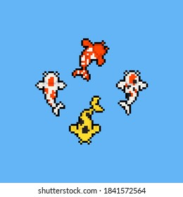 Pixel art cartoon set of koi fish character.