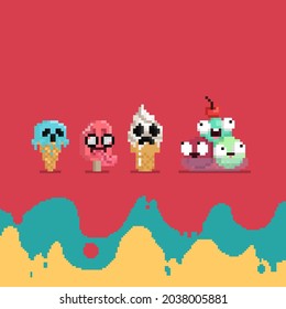 Pixel art cartoon set of spooky ice cream character.