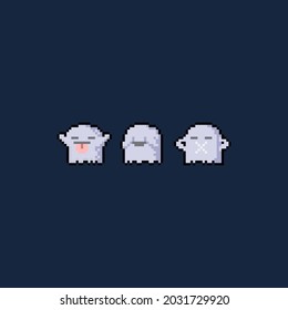 Viñeta de arte de Pixel de tres lindos personajes fantasmas.