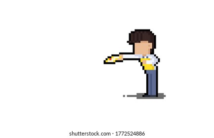 Pixel art cartoon shop assistant  giving a Brochure to people character design.