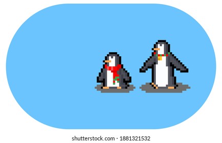 Pixel art cartoon short and tall penguin character.