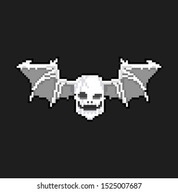 Pixel art cartoon skull head with bat wings icon.