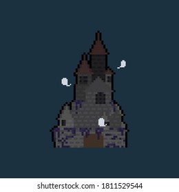 Pixel Art Cartoon Spooky Castle.