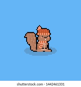 Pixel art cartoon squirrel character with scarf and bobble hat.8bit.