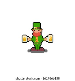 Pixel art cartoon St.patrick's day character with beers.