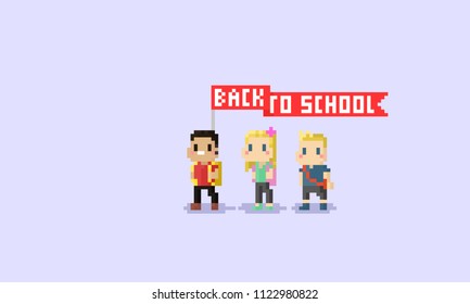 Pixel art cartoon student character with red flag.