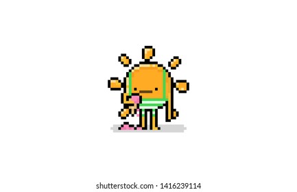 Pixel art cartoon sun character with trunks and melting ice cream.8bit summer.