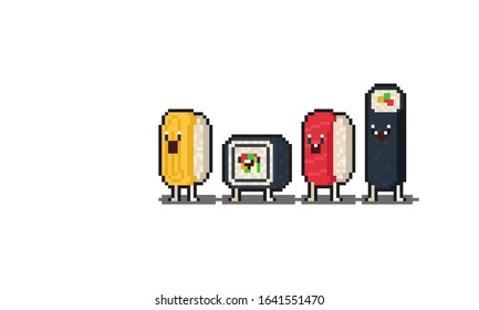 Pixel art cartoon sushi character set.